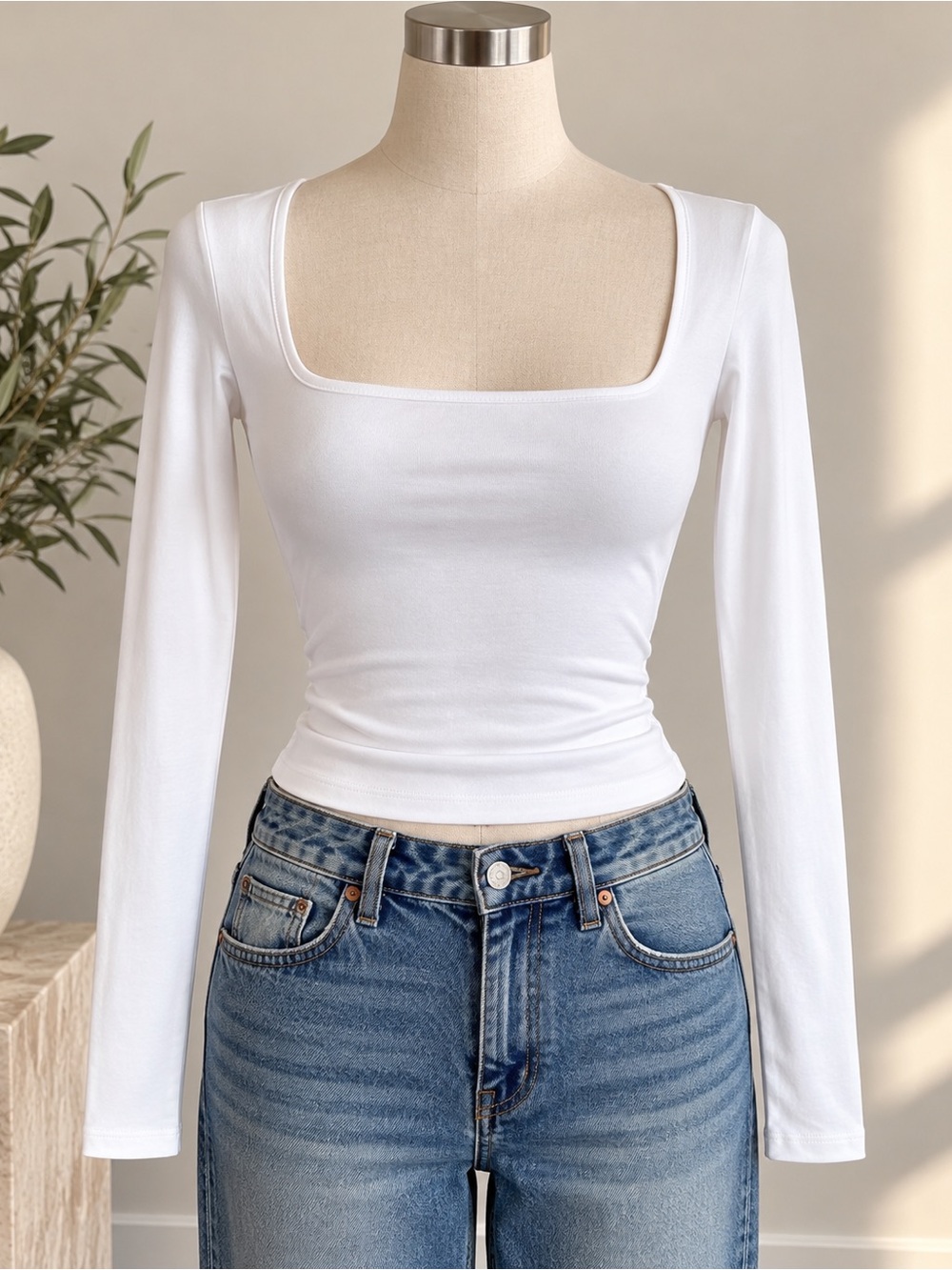 Garage White Square Neck Long Sleeve Fitted Top XS